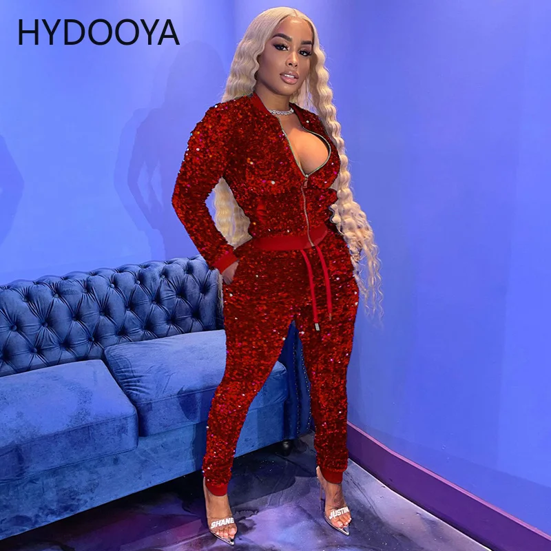 

Блестящая Женская Клубная одежда с блестками, наряды вечерние, куртка на молнии с длинным рукавом и брюки-карандаш, костюм из двух предметов для дня рождения