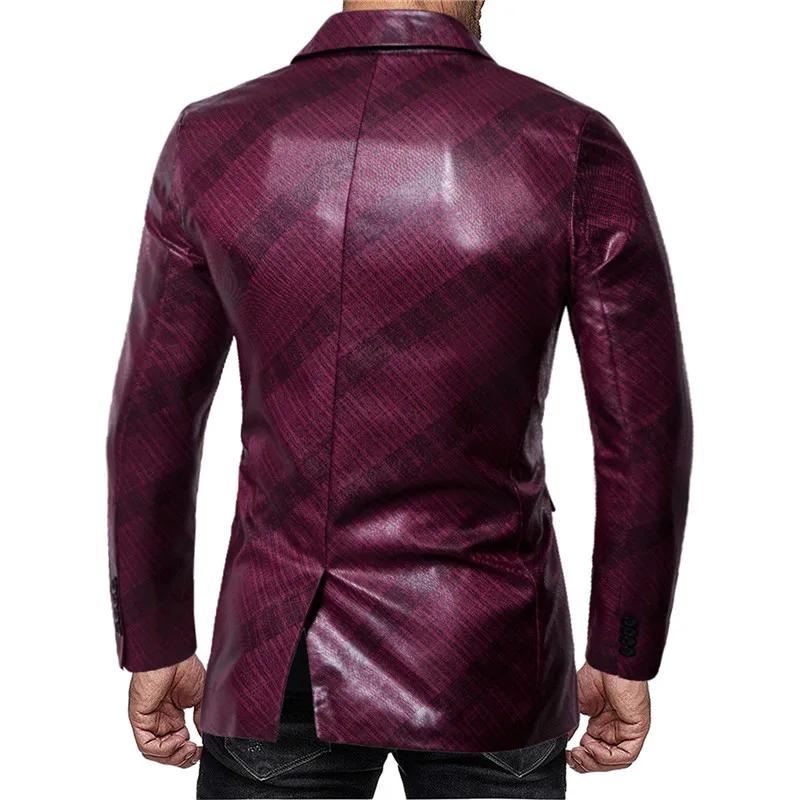 Брендовая кожаная куртка яркого цвета для мужчин, модный полосатый пиджак на одной пуговице, Cuir Homme, высококачественный приталенный Блейзер из искусственной кожи