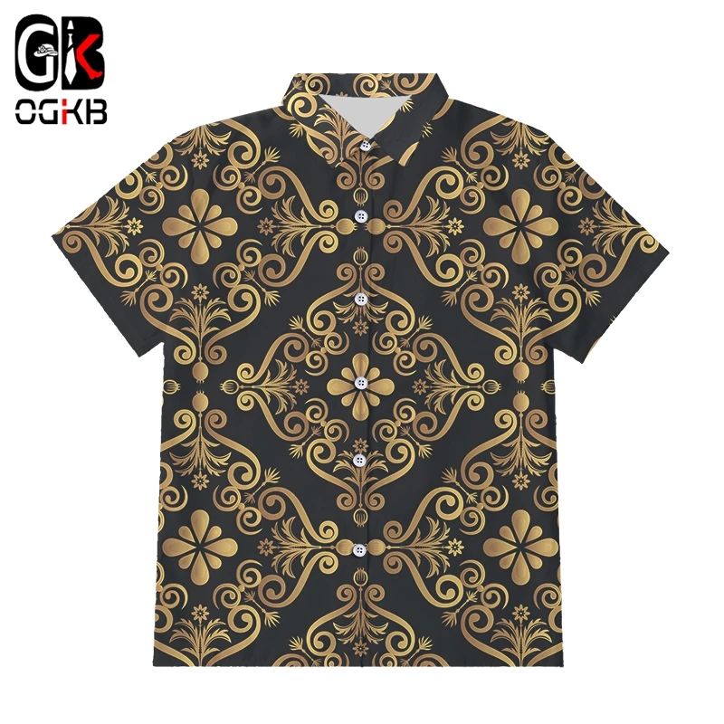 

OGKB EU/US Size Fashion Men Golden Flower 3D Print Button Shirts Summer Hawaiian Shirt Homme Short Sleeve Luxury Royal Baroque