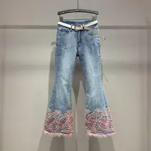 Эластичные расклешенные брюки с высокой талией женские новые осенние джинсовые штаны с Бисером Модные узкие джинсы длинные брюки r1905