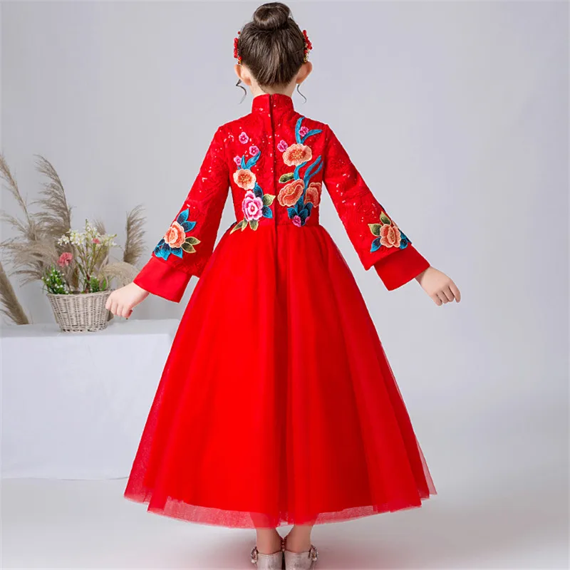 2019Chinese Style Children Girls Luxury Embroidery Flowers New Years Party Ceremony Festivals Long Dress Host Birthday Dress