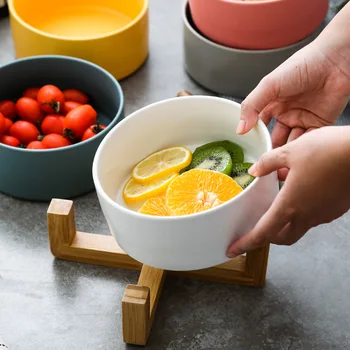 

Creative salad instant noodle bowl ceramic with wooden stand fruit dessert bowl ceramic tableware dried fruit bowl snack bowl