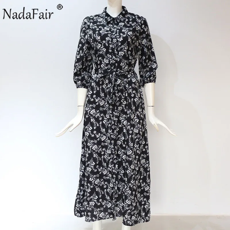 Nadafair винтажное летнее шифоновое платье миди с цветочным принтом, женское платье с рукавом три четверти, черный пояс, туника, элегантное платье-рубашка