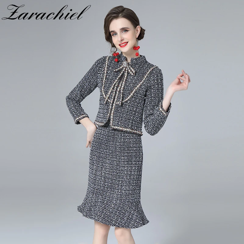 Small Fragrance Winter Beading Tweed Two Piece Set Women Crop Top Diamonds Bow Fringe Wool Short Jacket Coat+Mermaid Skirt Suit