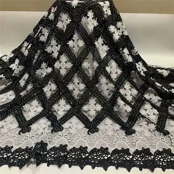 

African fabric black french lace fabric with beads rhinestone fabrics for dresses embroidered tulle lace fabric 5 yard/setL1601