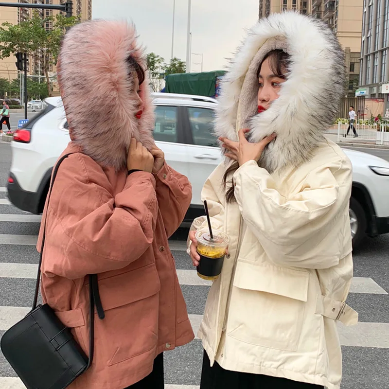 

INS Super Fire Clothes Female Winter New Style Students Korean-style Mid-length Loose Thick Large Fur Collar Cotton Overcoat