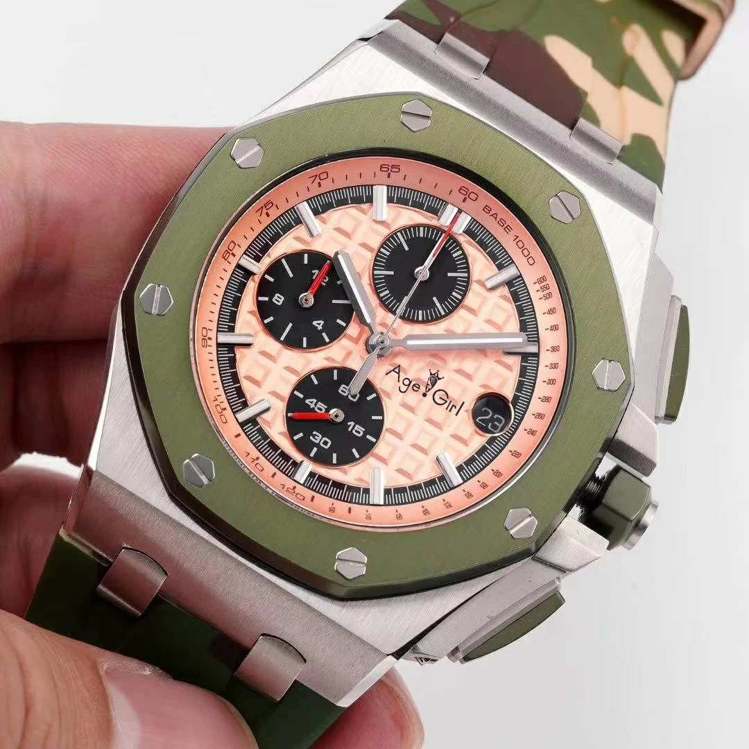 Luxury Brand New Men Watches Chronograph Sapphire Stainless Steel Camouflage Rubber Rose Gold Silve