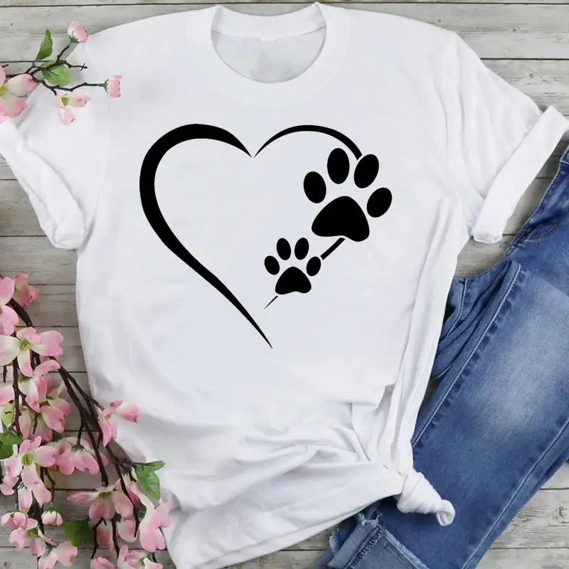 

Women Sweet 90s Dog Paw Love Heart Style Cartoon Summer Fashion Print Short Sleeve Lovely Clothes Tops Tees Tshirt T-Shirt