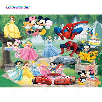 

Kids Birthday Party Backderops Cartoon Characters Little Mermaid with Other Princess Spider-Man Mickey Mouse Spring Garden Photo