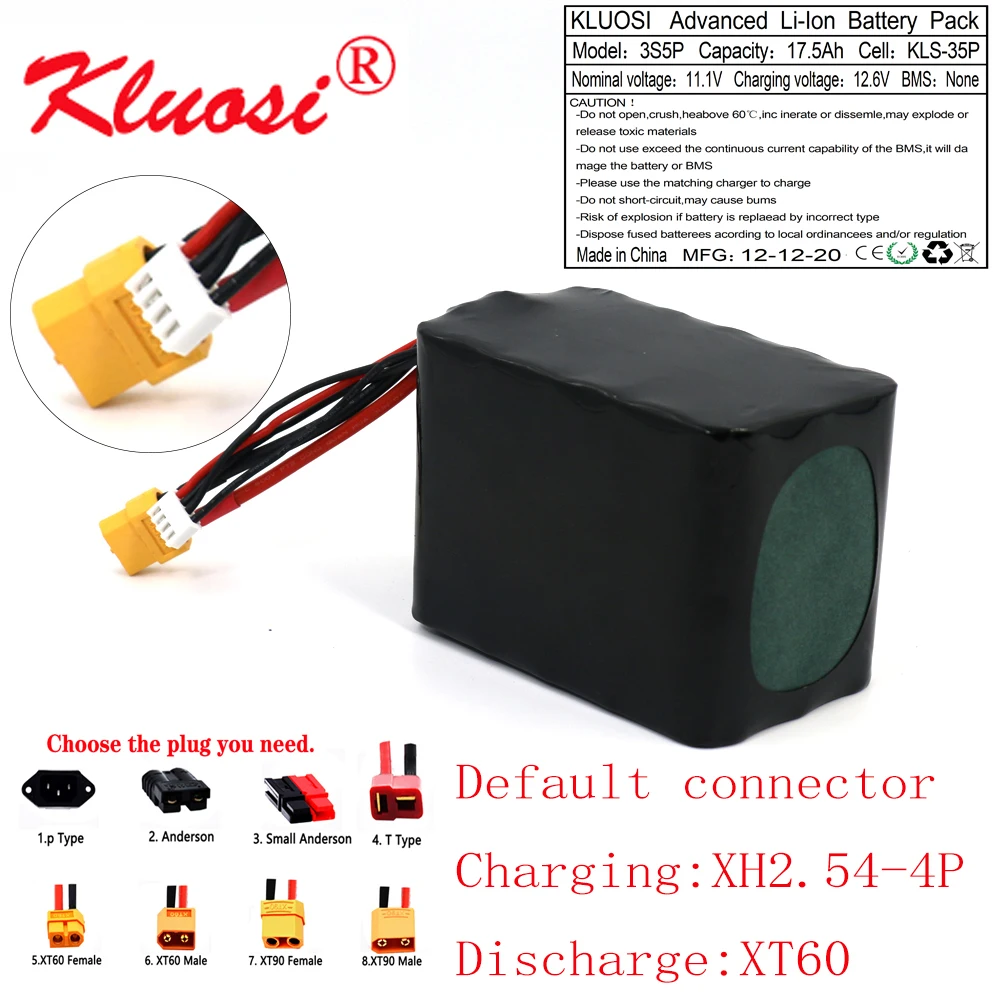KLUOSI 3S5P 12V 17.5Ah 18Ah 12.6V High Capacity UAV Rechargeable Li-ion Battery for Various RC Airplane Quadrotor XH2.54-4P XT60