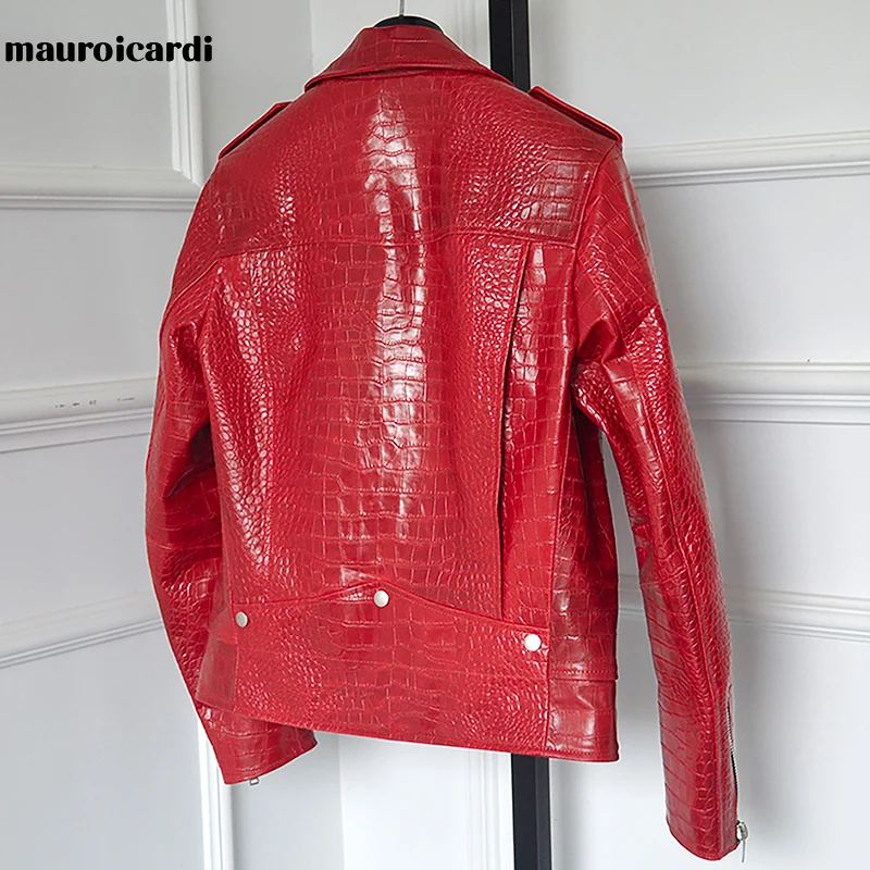 Mauroicardi Spring Red Crocodile Pattern Faux Leather Biker Jacket Long Sleeve Zipper Plus Size Designer Men Clothing 4xl 5xl 2