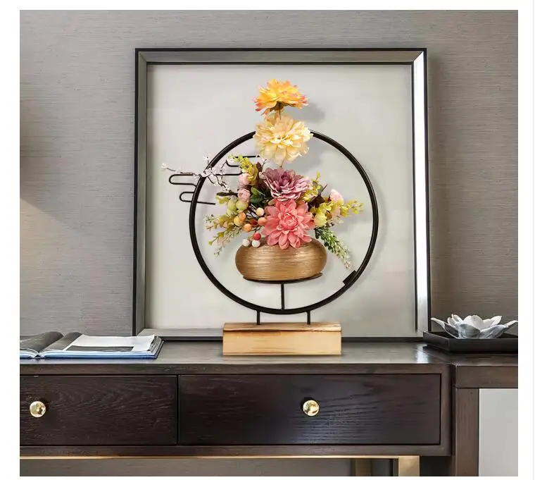 Chinese Ceramic Vase+Simulation Flower Ornaments Arrangement Home Furnishing Crafts Office Desktop Metal Figurines Decoration