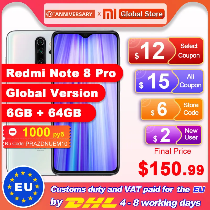  Xiaomi Redmi Note 8 Pro с глобальной версией, 6 ГБ, 64 ГБ, смартфон, 64 мп, четырехъядерный процессор Helio G90T, четыре ядра, 4500 мАч, NFC  