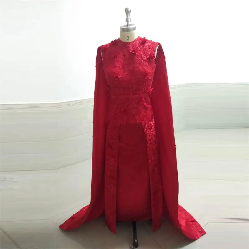 Red Evening Dresses High Neck Prom Party Gowns Real Samples With Appliques