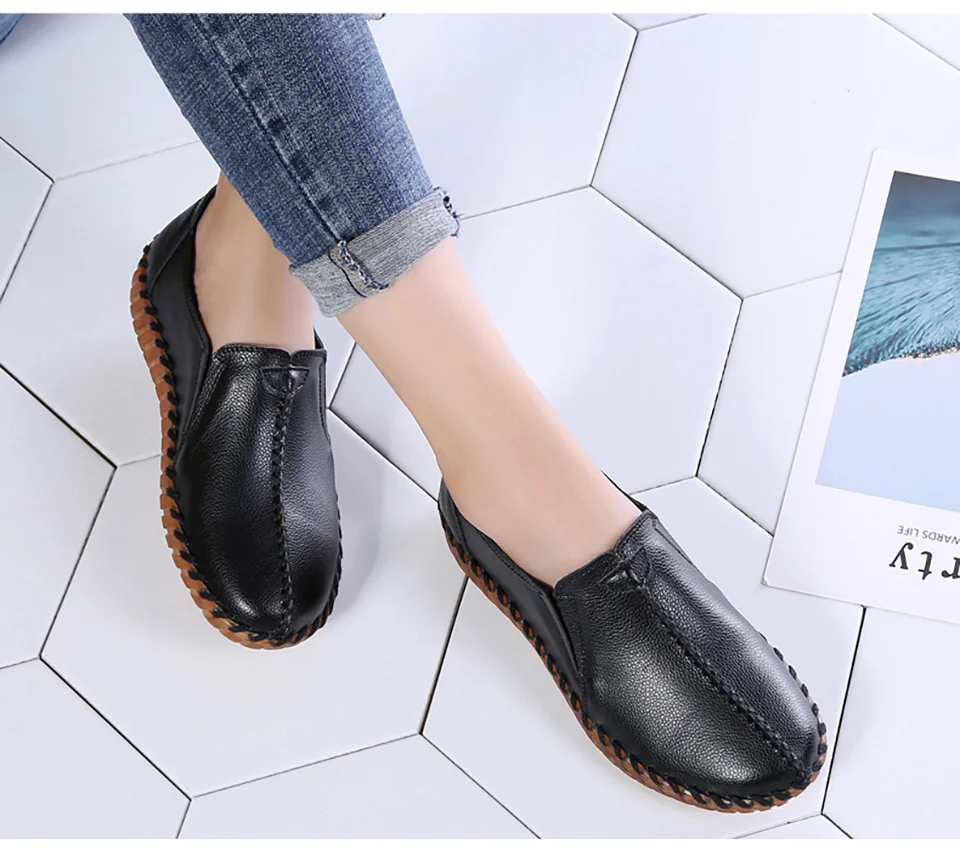 EOFK النساء الشقق أحذية من الجلد الحقيقي امرأة الأخفاف مريحة الدانتيل متابعة اليدوية الأبيض الصيف أحذية الباليه السيدات