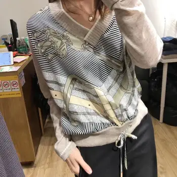 

2020 spring new women prints patchwork wool knitted blouse tops female silk long sleeve shirt gdnz 22.21