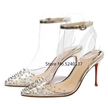 

Rivets Studded Transparent PVC High Heel Women Sandals Pointed Toe Buckle Strap Thin Heel Slingback Party/Wedding Sandals Femme