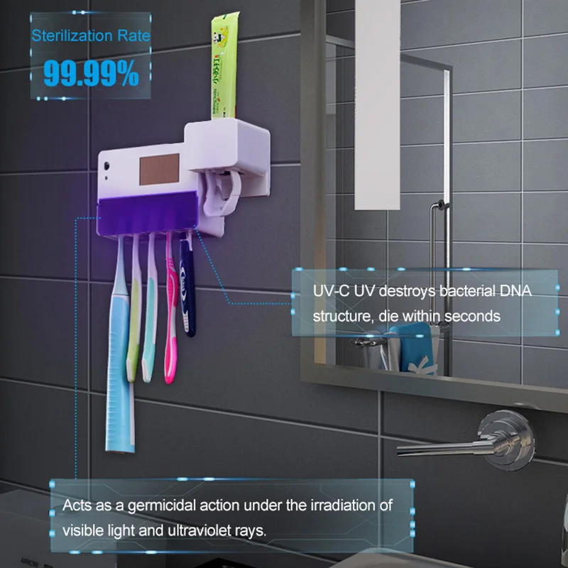 BAISPO UV Toothbrush Sterilizer Solar Energy No Need ChargeToothbrush Holder Toothpaste Squeezers Dispenser Bathroom Accessories