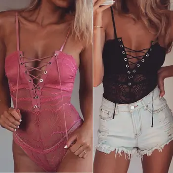

Sexy Women V-Neck Lace Clubwear Bandage Bodysuit Jumpsuit One Piece Leotard Lace Up Playsuit Outfits Sunsuit Clubwear Top NEW