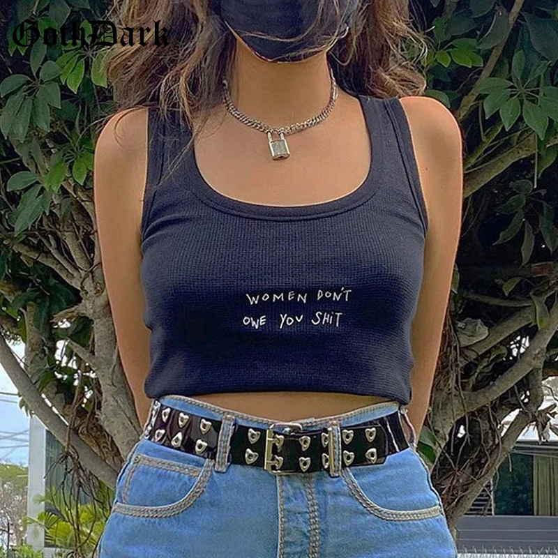 Goth Dark Knitted Gothic Indie Style Black Tank Tops Casual White Women