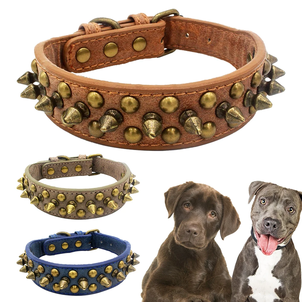 

Dog Collar Leather Punk Spiked Rivet Dog Collars for Bulldog Round Spikes Adjustable Pet Collar for Small/Medium/Large Dog XS-XL