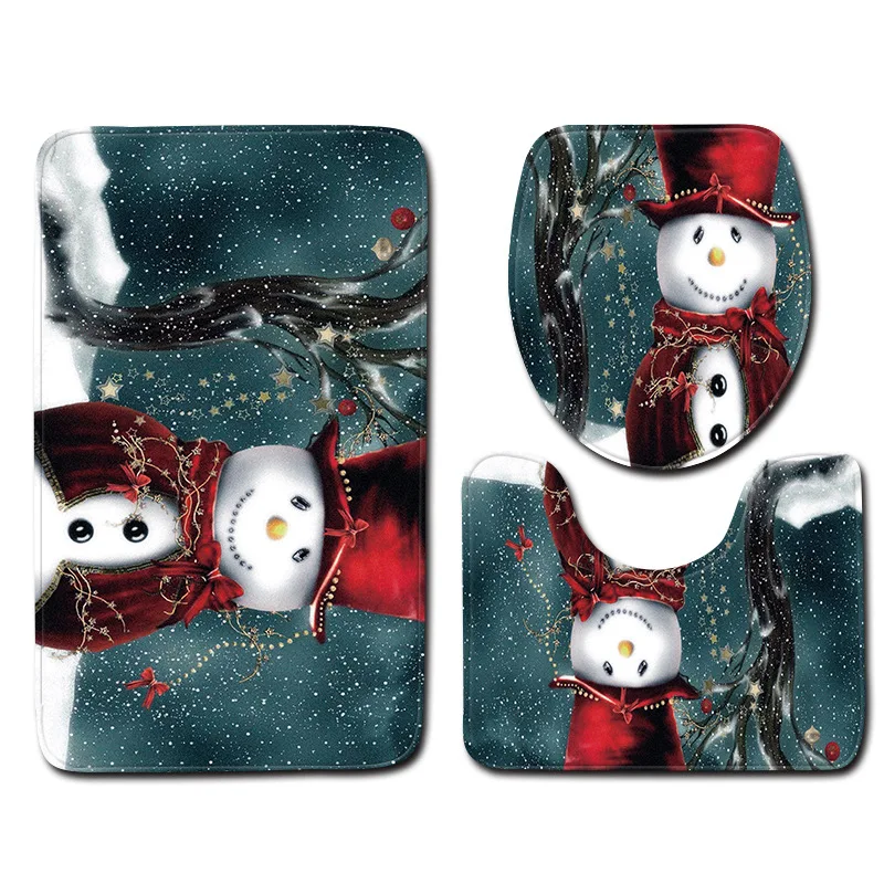 

3pcs/set Christmas Decoration Bathroom Carpet Rug Xmas Tree Printing Anti-slip Floor Mat Bathroom Rug Toilet Cover Bath Mats