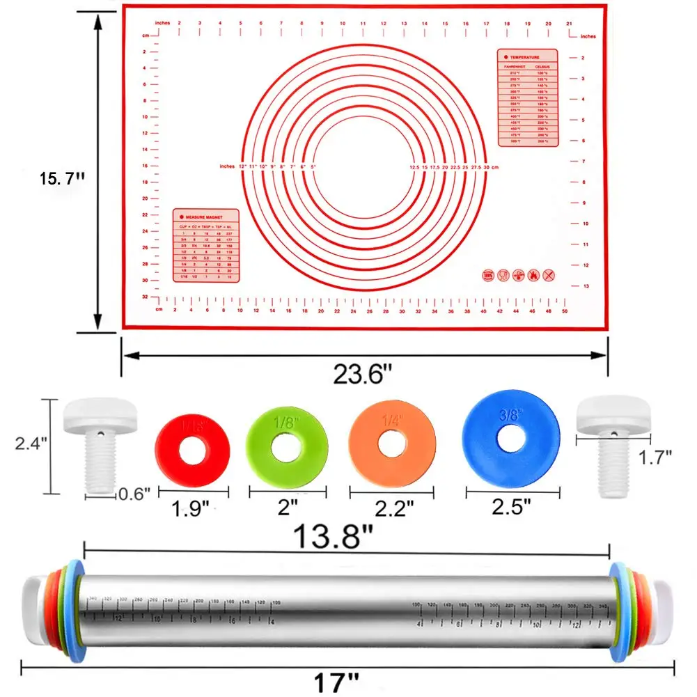 Rolling Pin and Silicone Baking Pastry Mat Set, Non Stick Stainless Steel Roller, Rolling Pins with Adjustable Thickness Rings