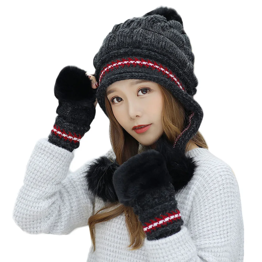Hat Gloves Симпатичная женская вязаная шапка, набор перчаток, Рождественская зимняя теплая утолщенная вязаная шапочка-OPK - Цвет: Hat Gloves