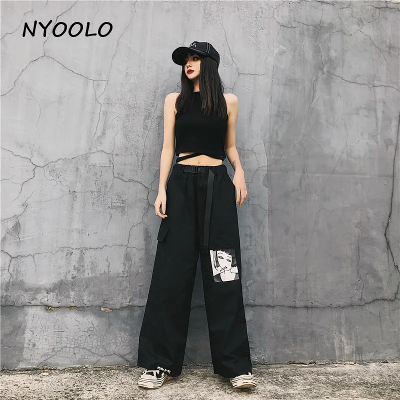 NYOOLO Harajuku Vitality/штаны с высокой талией и принтом для девочек, осенняя уличная свободная эластичная резинка на талии, длина по щиколотку, широкие брюки для женщин