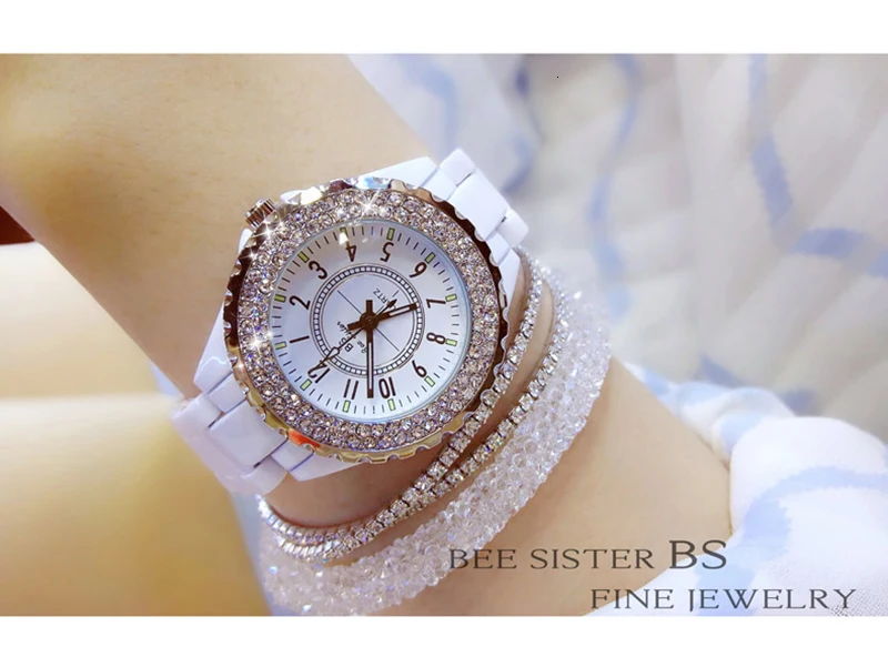 Женские часы с кристаллами, женские кварцевые часы, брендовые бриллиантовые Наручные часы для женщин, стразы, Классические керамические часы, водонепроницаемые часы