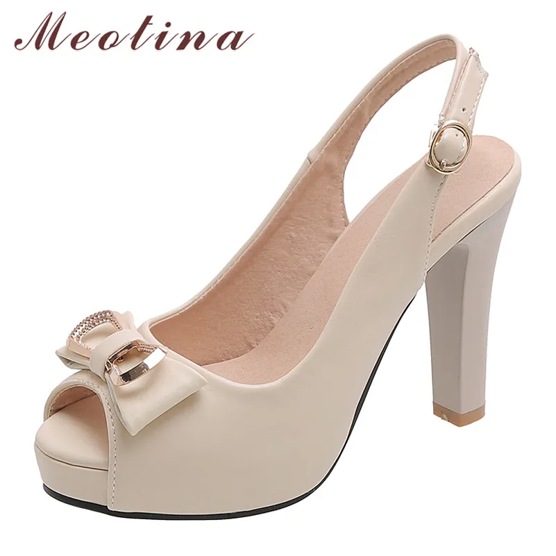 

Meotina High Heels Women Pumps Buckle Platform Spike High Heels Slingbacks Shoes Bow Peep Toe Shoes Lady Spring Plus Size 33-43
