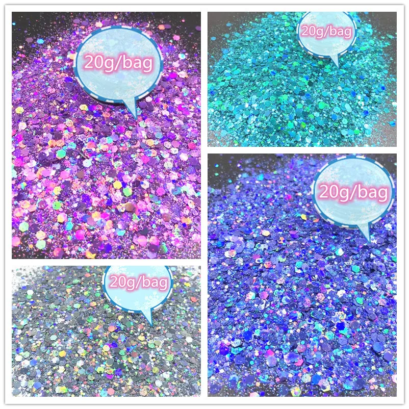 20g/bag Laser Hexagon Holographic Chunky Glitter Nail Tips Glitter Powder Mermaid Flakes Sparkly Resin Crystal mud nail powder nail flakes nail glitter nail decoration nail decorations