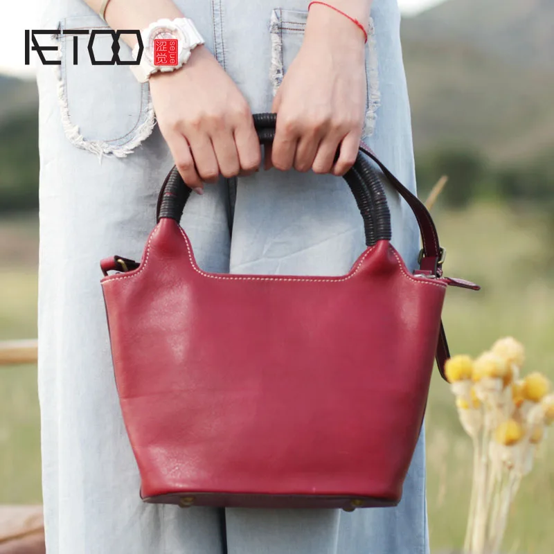 

BJYL New shell bag ethnic style handmade leather red handbag literary retro casual shoulder bag