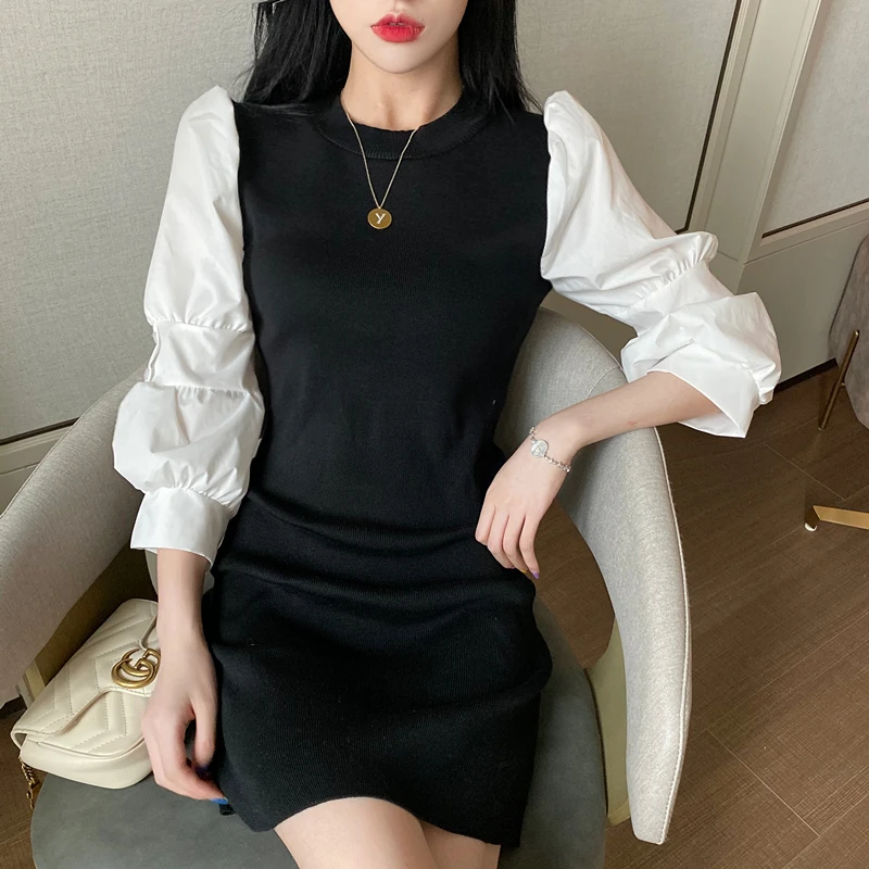 Moda feminina, модное Брендовое весенне-осеннее мини-платье, женская одежда, женские вязаные платья с круглым вырезом, облегающее платье, хипстер
