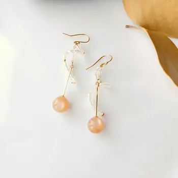 

LiiJi Unique Genuine Sunstone with Moonstone Beads Earrings 925 Sterling Silver Gold Color Hook Handmade Earrings