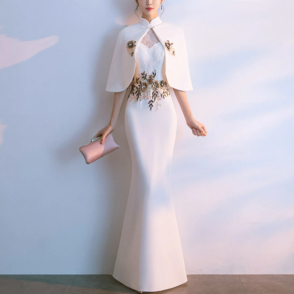 

Anshirlisa Ivory High-Neck Mermaid Evening Dress Long with Shrug Appliques Flower Elegant Birthday Party Gown Lace Cap Sleeve