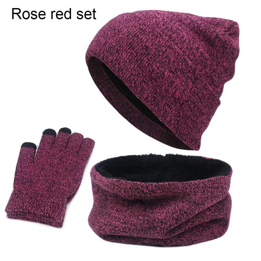 Rose red set Зимние теплые шапки и шарфа перчатки Комплект для женщин и мужчин Модная, вязаная Лыжная Шапочка Кепки Флисовый Шарф шею Сенсорный экран перчатки - Цвет: Rose red set