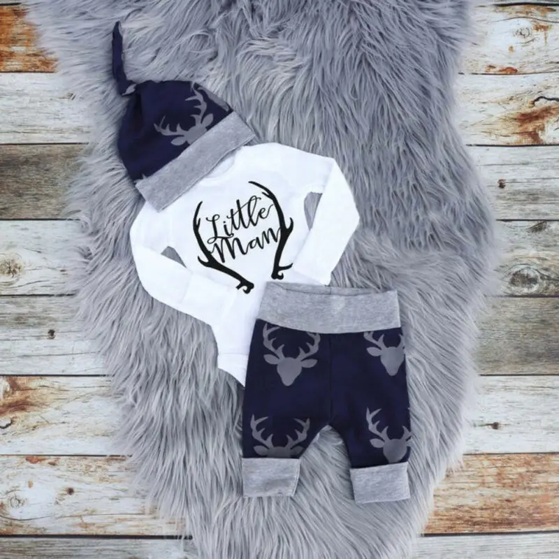 

Newborn Baby Boys Clothes Little Man Long Sleeve Romper Deer Leggings Pants Hat Outfits Set Clothing