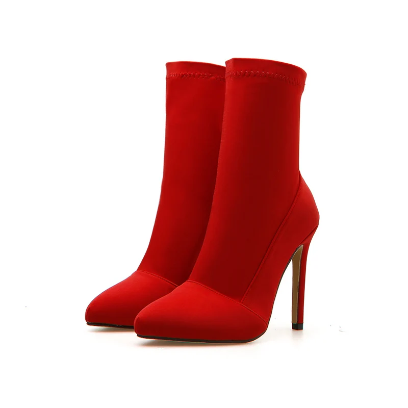 Г. Женские фетиш, Шелковый носок, неоновые ботинки модные растягивающиеся ботильоны на высоком каблуке 11,5 см красного и зеленого цвета персиковая обувь, большой размер 42 - Цвет: Красный