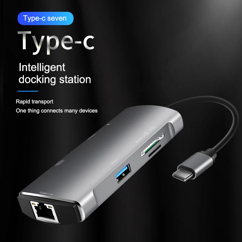 7-в-1 многопортовый концентратор Тип с разъемами типа C и USB3.0 HDMI устройство для чтения карт SD TF Ethernet адаптер DQ-капля
