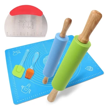 

Rolling Pin Pastry Mat Set,Non-Stick Dough Roller Baking with Pastry Cutter Reusable Kneading Mat Scraper Basting Brush