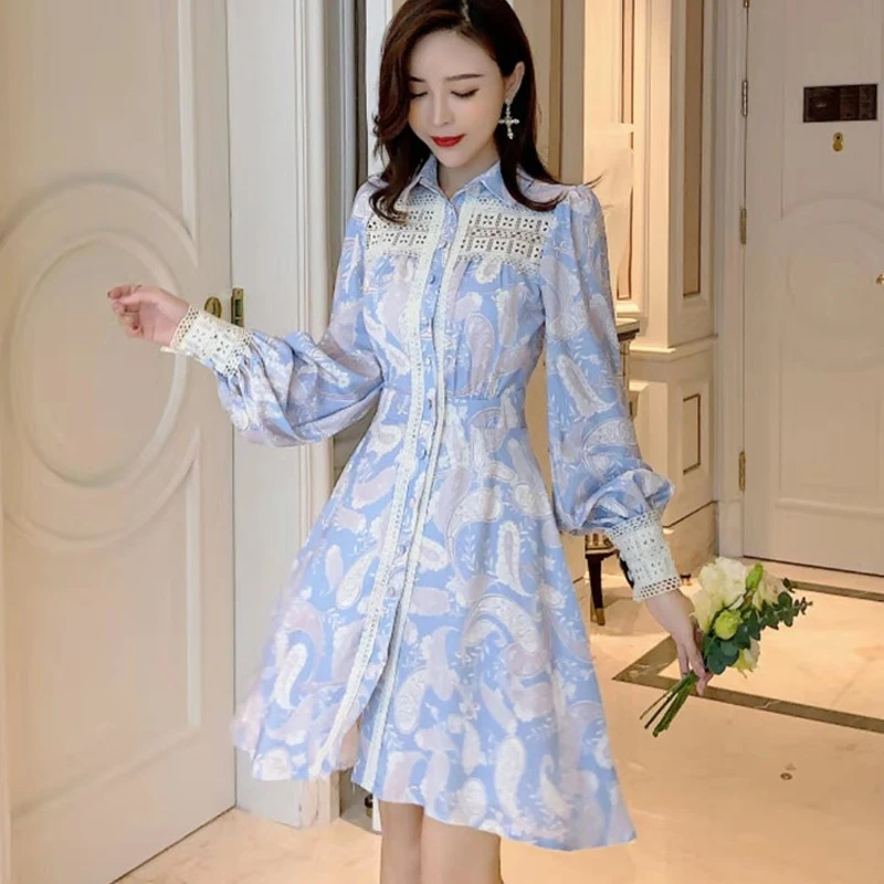 2020 подиумное дизайнерское Элегантное синее платье с принтом женское однобортное