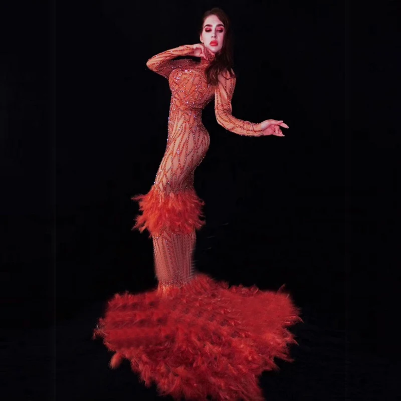 Latest Fashion Hot Selling Long Sleeve Red Feathers Autumn Dresses Women Sequin Long Dress Cocktail Gown Women Costume Wholesale