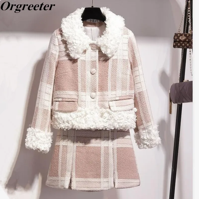 

Fall Winter Casual Sweet Two Piece Set Women Lambswool Patchwork Tweed Plaid Coats Mini Wrap Skirt Woolen 2 Piece Set