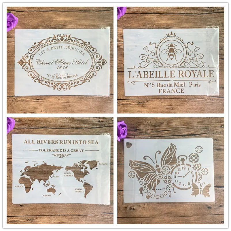 

4pcs / set A4 Cake letters Clock map Stencils Painting Coloring Embossing Scrapbook Album Decorative Template cake stencil