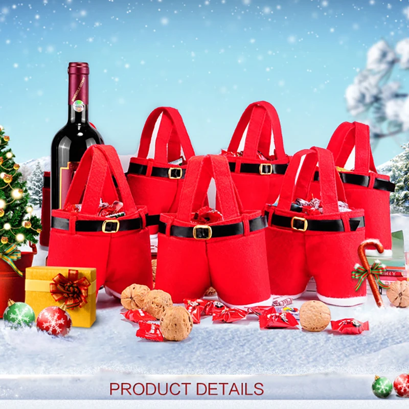 Cute Merry Christmas Gift Treat Candy Wine Bottle Holder Santa Claus Suspender Pants Trousers Decor Christmas Gift Bags