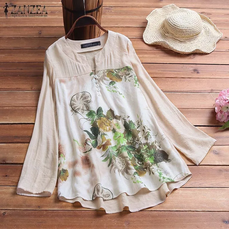  Elegant Printed Shirt Women's Autumn Blouse 2019 ZANZEA Vintage Floral Casual Blusas Female Long Sl
