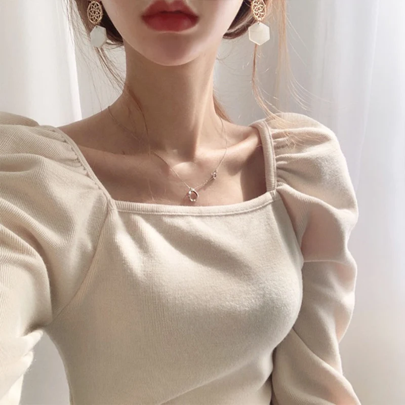 

Sexy Square Collar T Shirt Women 2020 Summer Spring Fashion Long Sleeve Solid Chic Tee Shirt Female Loose Casual Knitted Tops
