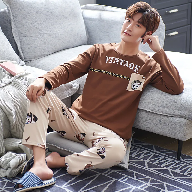 

Spring And Autumn 6535 Cotton Pajamas Men's Long Sleeve Thin Home Wear-Outer Wear Men's Young And Middle-aged Set Japanese Korea