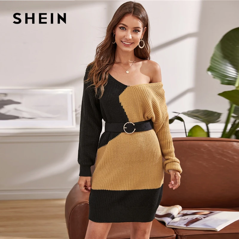Шеин многоцветный V образным вырезом два тона Повседневный свободный свитер платье без пояса для женщин осень длинный рукав короткие прямые платья